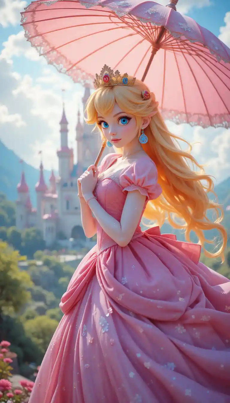 Princess in pink gown floating with umbrella over castle