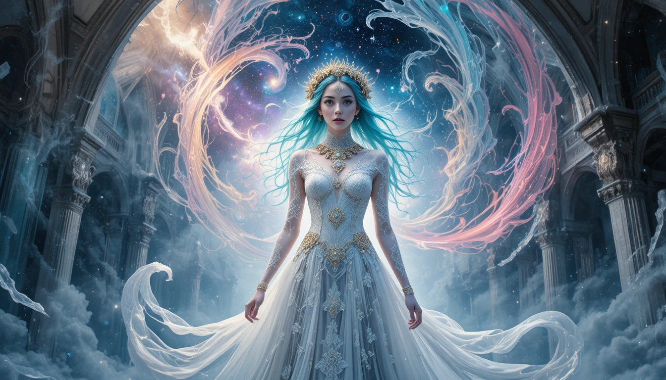 Mystical woman in cascading neon light and cosmic sky