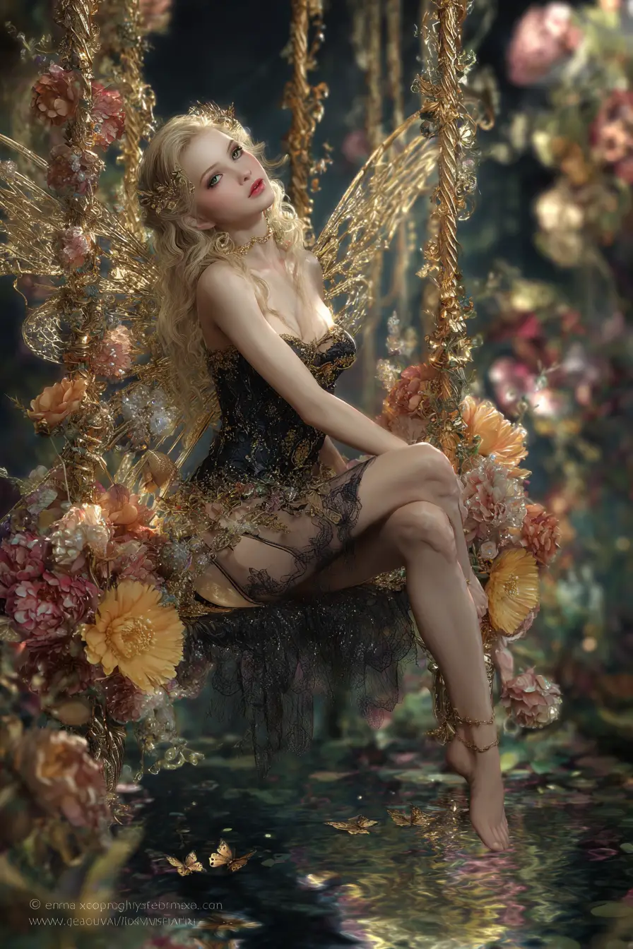 Golden haired fairy on ornate swing above reflection pond