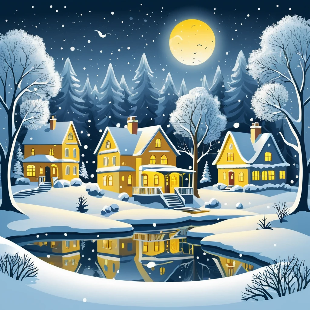 Whimsical winter village with glowing houses and frozen pond