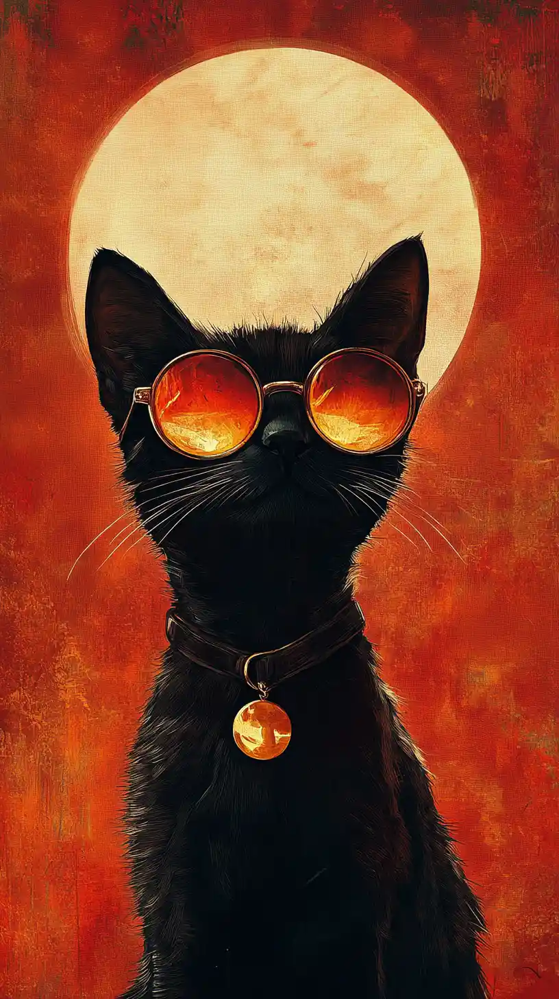 Stylized black cat with red sunglasses under golden moon