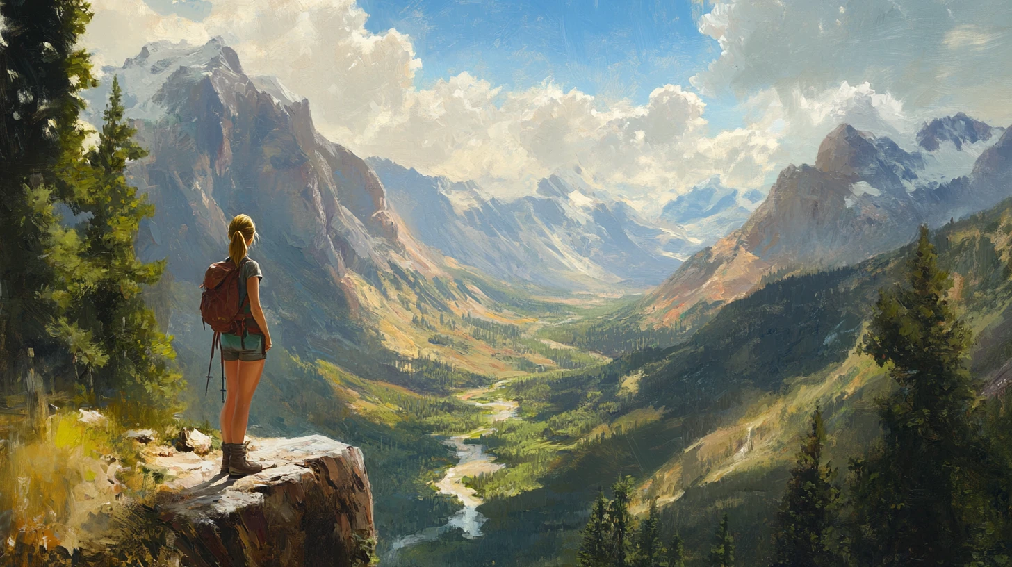 Hiker girl on cliff above sunlit valley and river