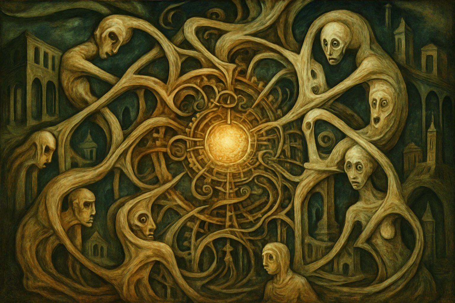 Surreal humanoid forms around a glowing mechanical core