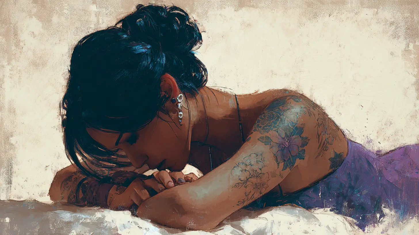 Young woman receiving a celestial tattoo in dark studio