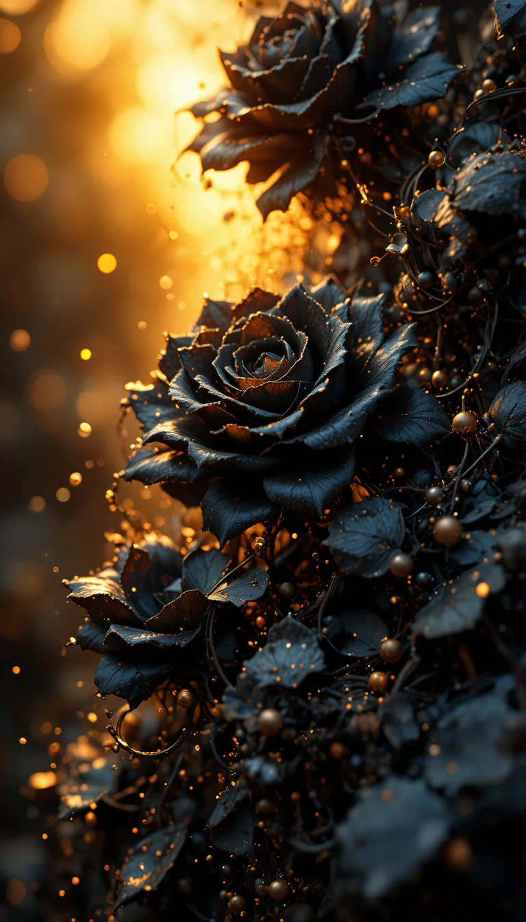 Abstract black roses with gold particles and complex shine