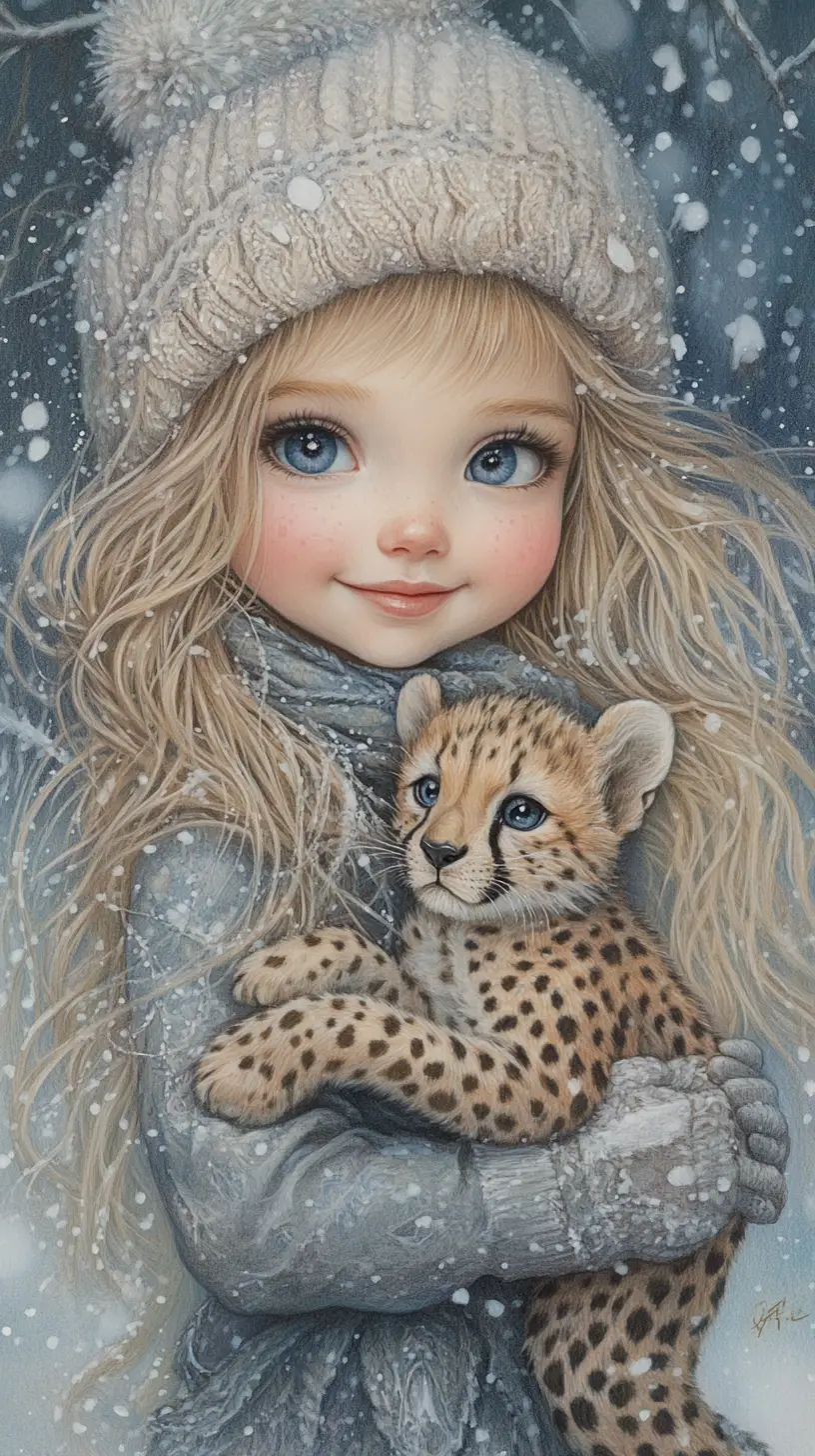 Smiling winter girl holding a baby cheetah drawing