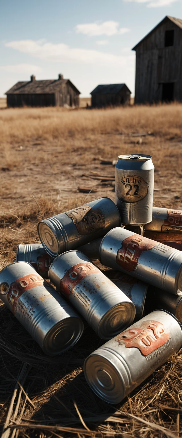 Rusty tin cans on a wooden beam at an old American farm
