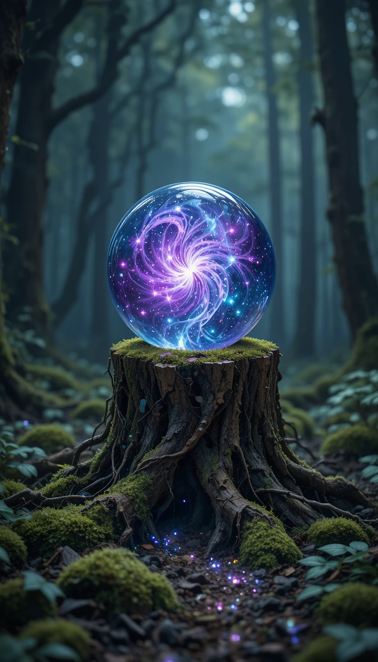 Sfera di cristallo con luce di nebulosa su ceppo muschioso nella foresta