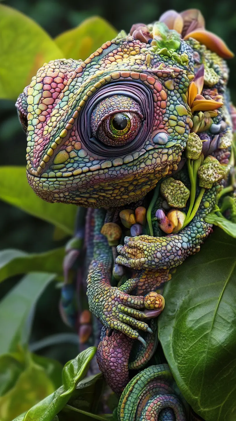 Surreal digital illustration of an illusionary chameleon scene