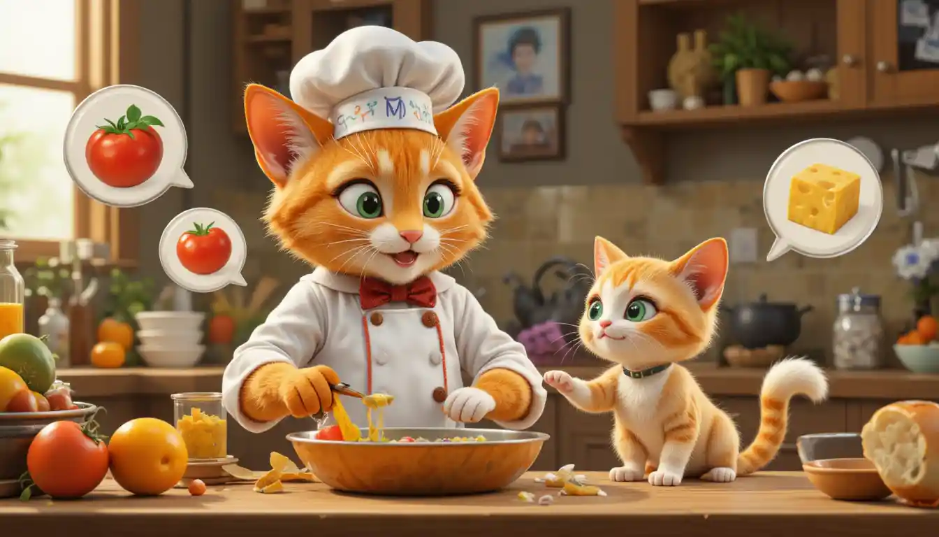 3d cartoon cat chef teaching a small kitten assistant