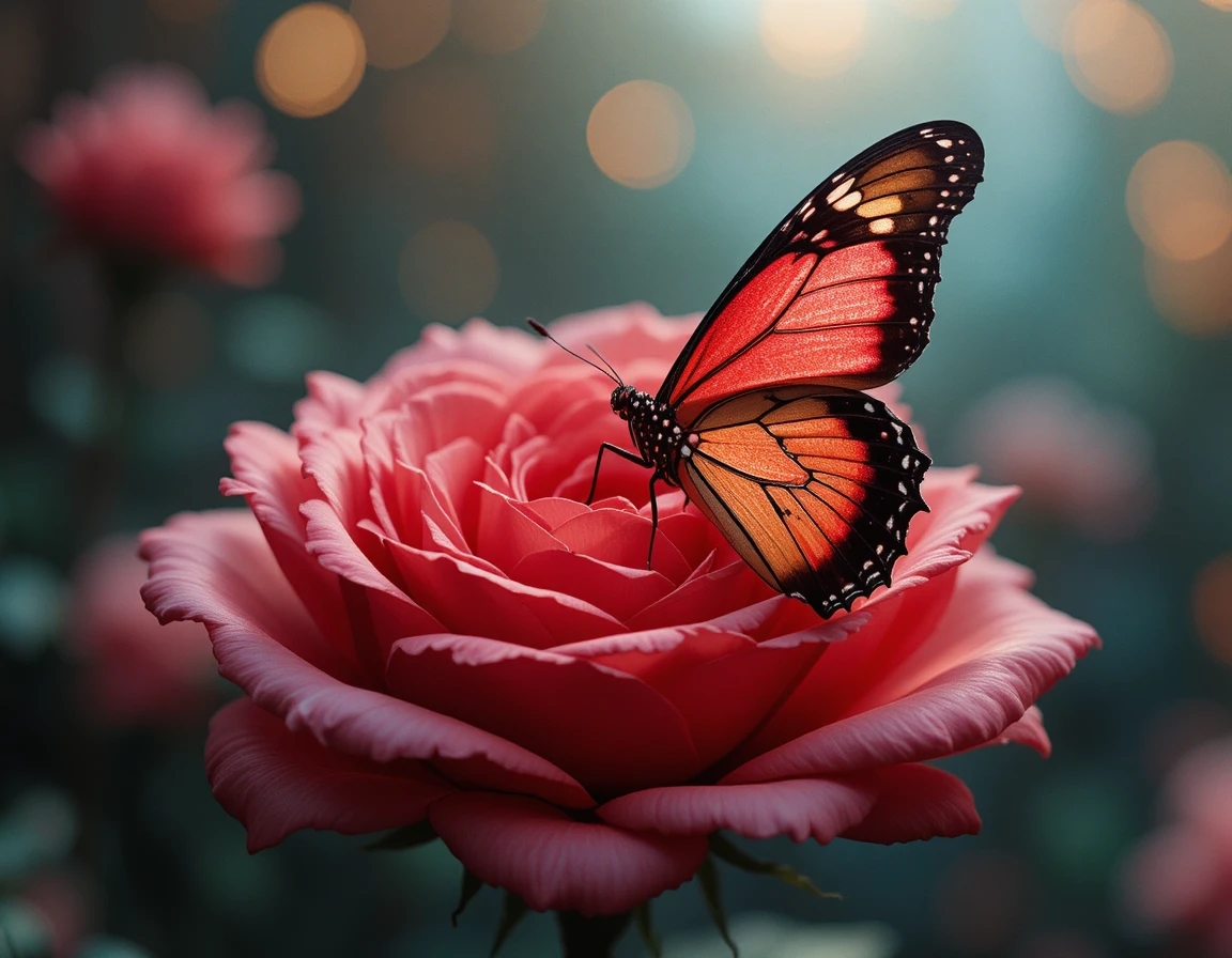 Rara farfalla che emerge dalla crisalide su una rosa rossa