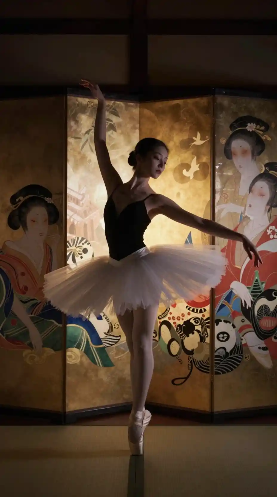 Ballerina pirouette before eerie japanese horror screen