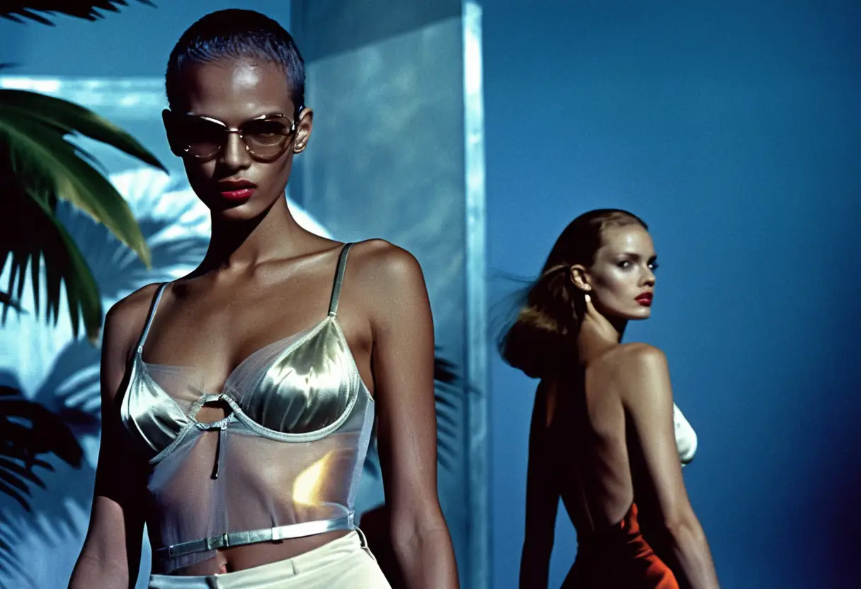 Glamorous models posing in tropical sunlight in sleek outfits