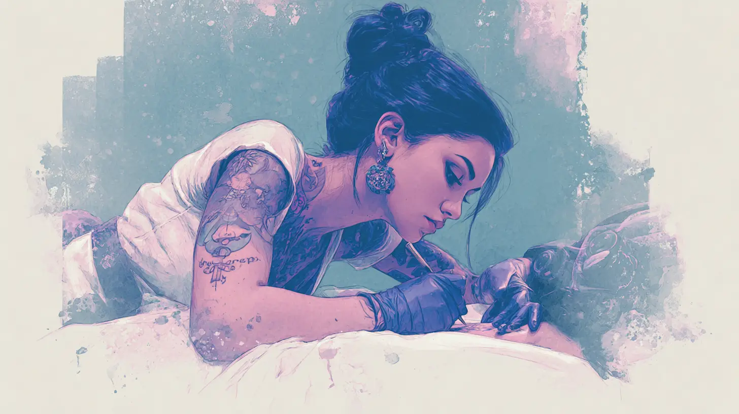Woman receiving celestial back tattoo in moody studio