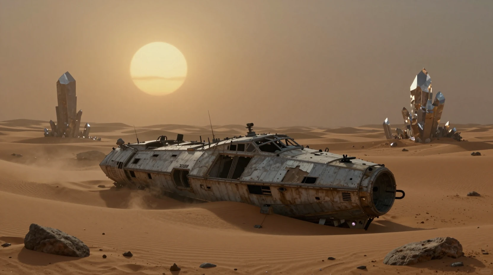 Astronave abbandonata in un deserto alieno sotto due soli