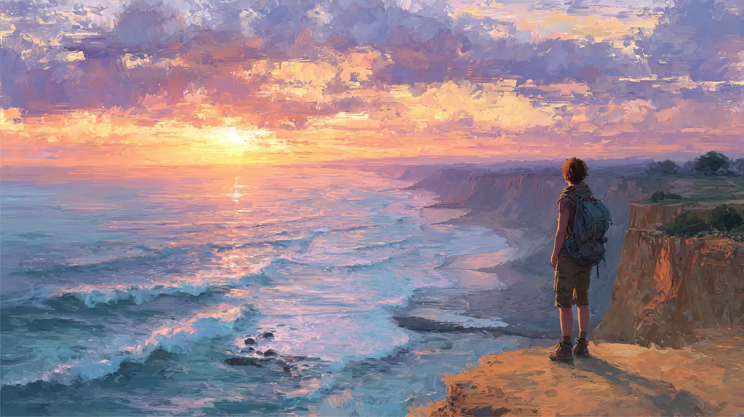 Woman hiker on a cliff at sunset watercolor scene