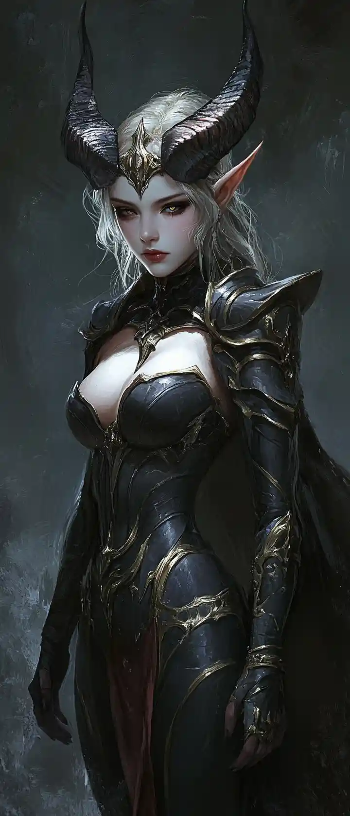 Horned elf woman in open armor standing in dusk mist