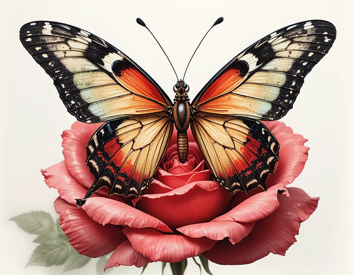 Rare butterfly emerging from chrysalis on red rose