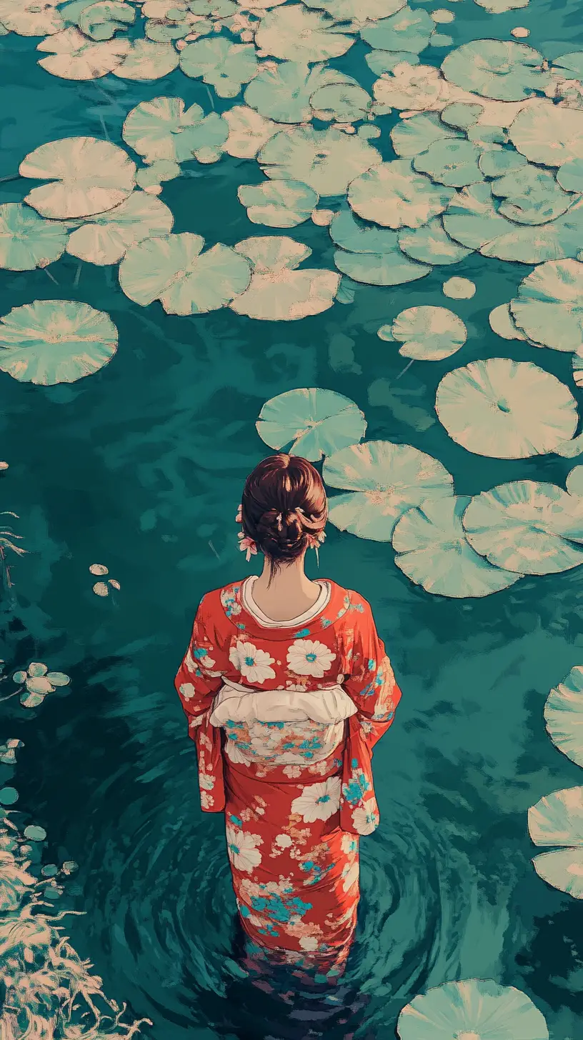 Mujer con kimono rojo de pie en aguas turquesas y tranquilas
