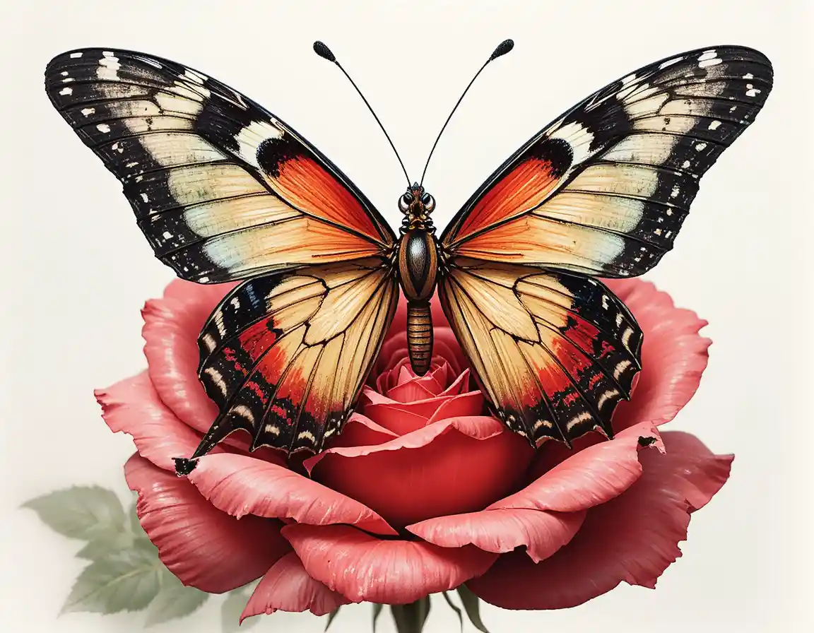 Rare butterfly emerging from chrysalis on red rose