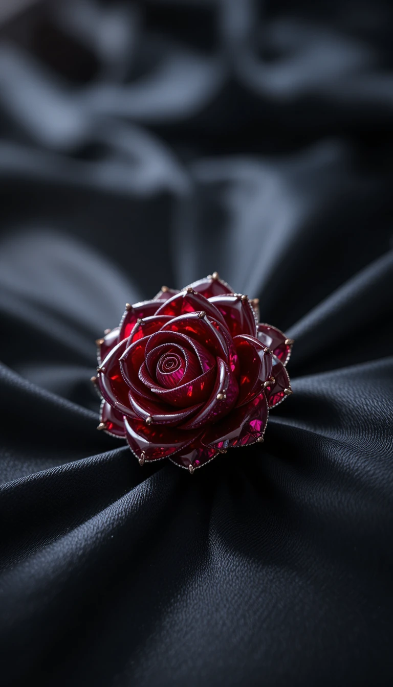 Ruby gemstone rose on black silk in soft light