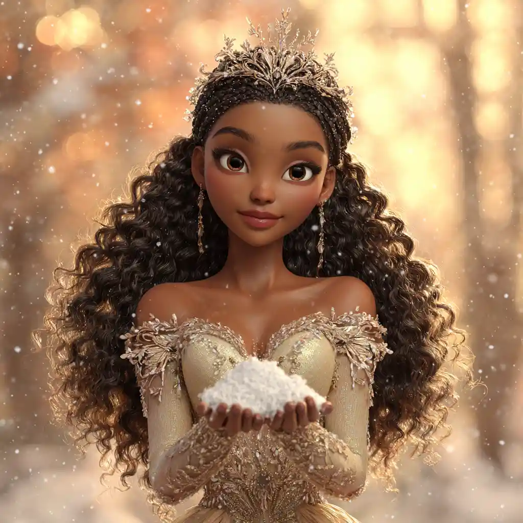 Elegant black woman in golden gown holding winter snow