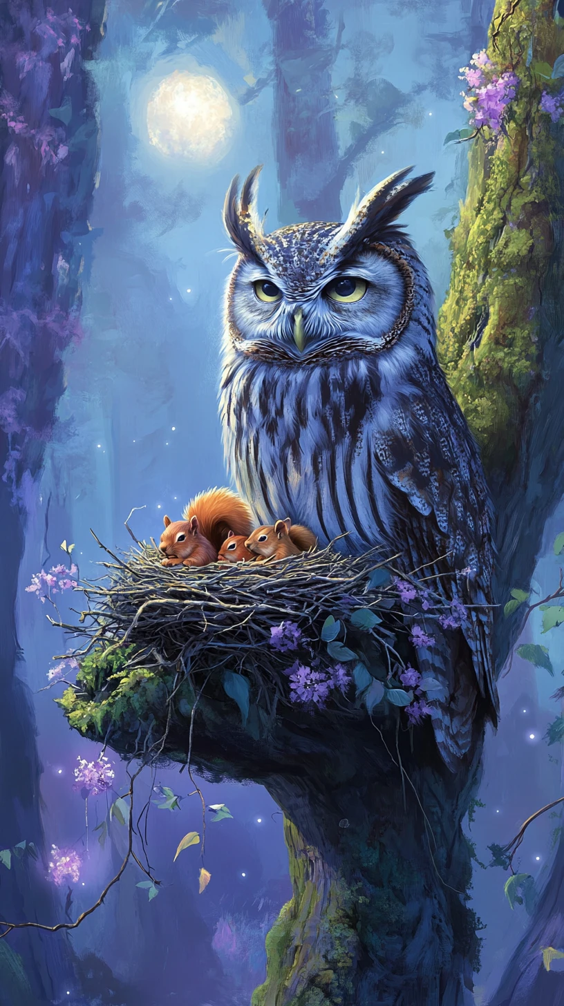 Wise owl resting on a branch in moonlit forest