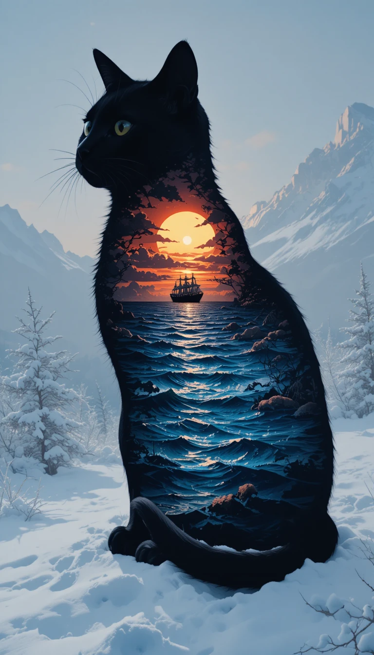 Summer seascape and distant ship within cat silhouette
