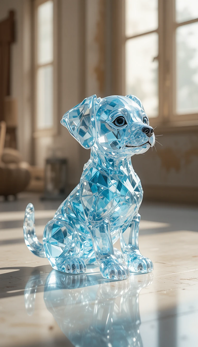 Figurine de chiot en cristal sur sol lisse avec douce lumière de fenêtre