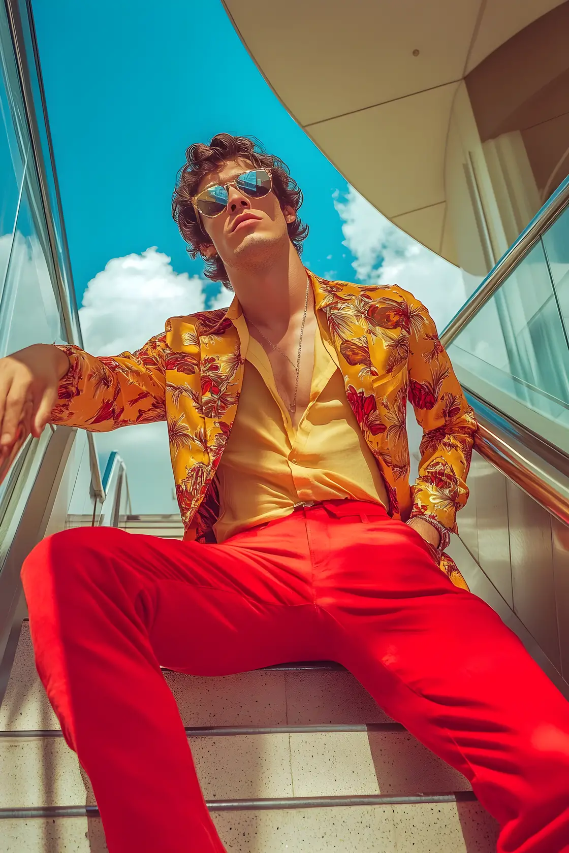 Stylish calendar man posing on shopping mall staircase