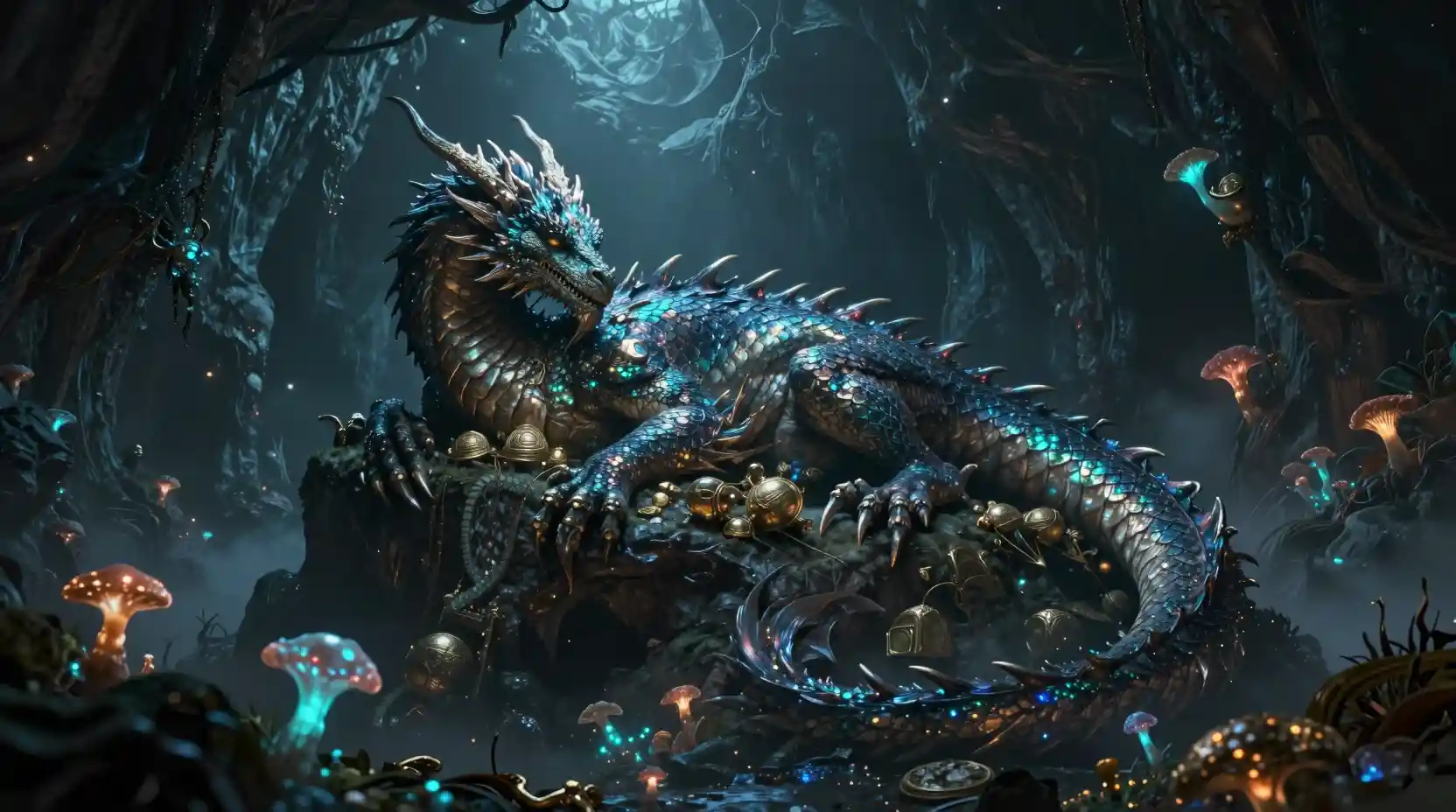Ancient dragon sleeping on treasure in glowing cavern
