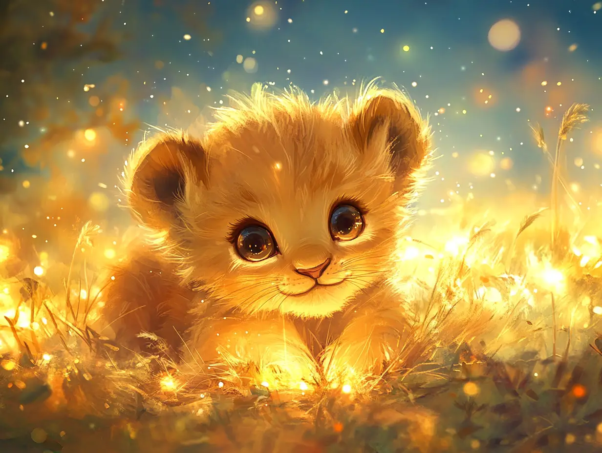 Adorable baby lion cub glowing on dreamy savanna night