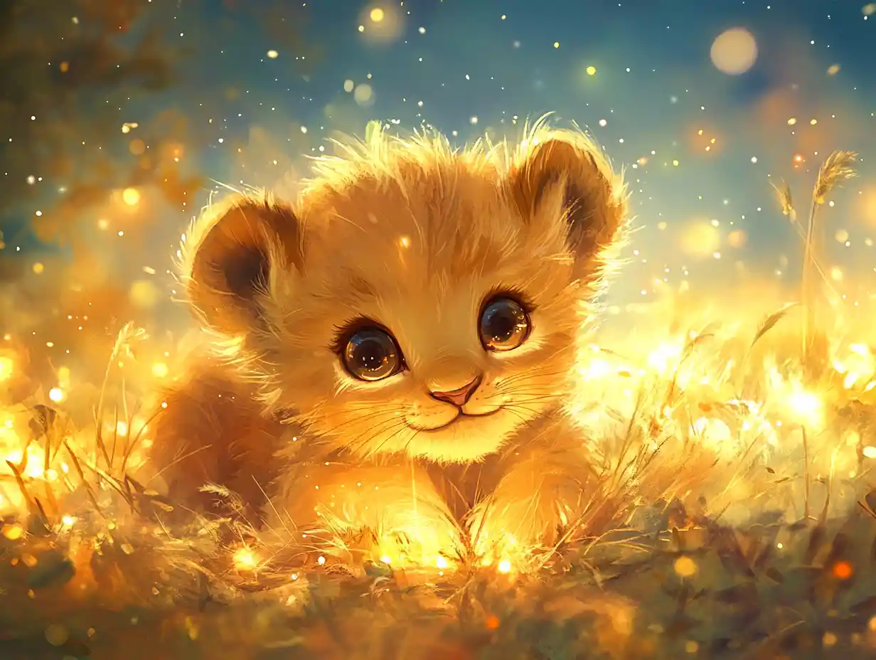 Niedliches Löwenbaby, das in einer traumhaften Savannennacht leuchtet