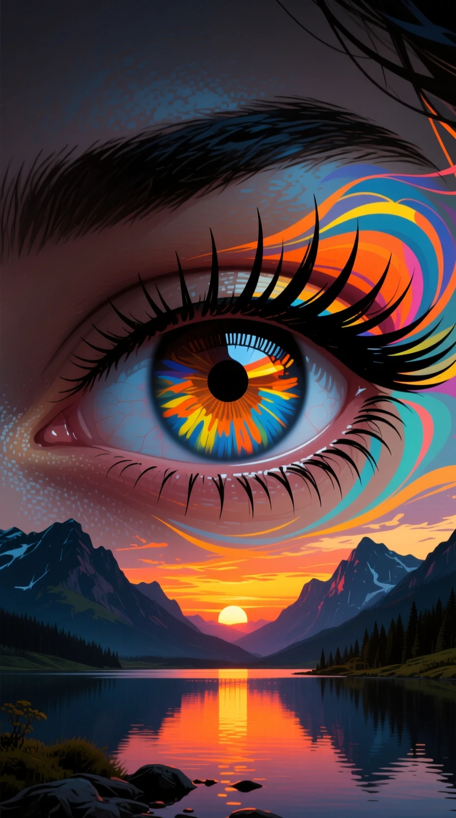 Surreal close up of a woman eye reflecting sunset landscape