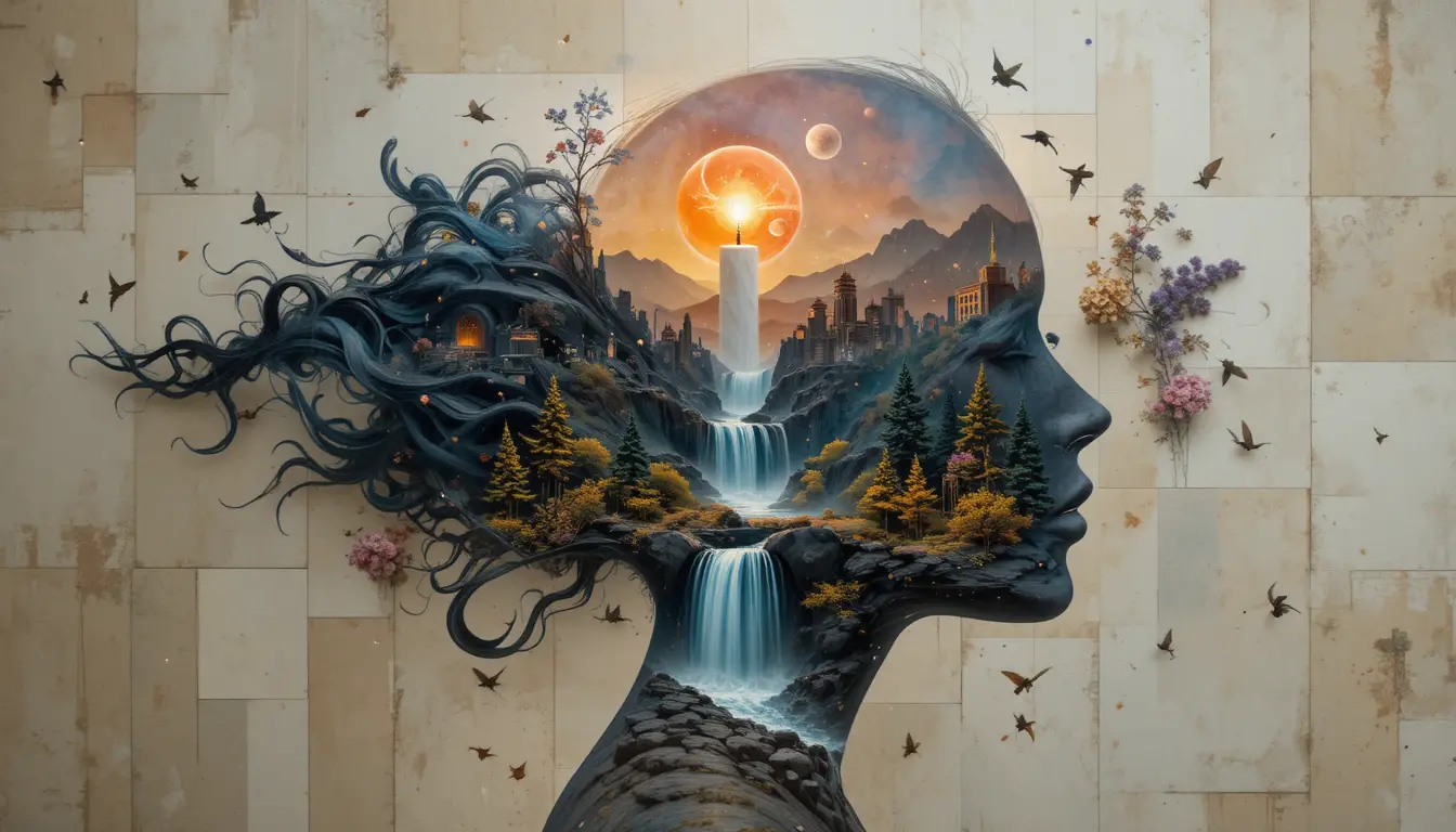 Dreamy woman with flowing hair transforming into waterfalls