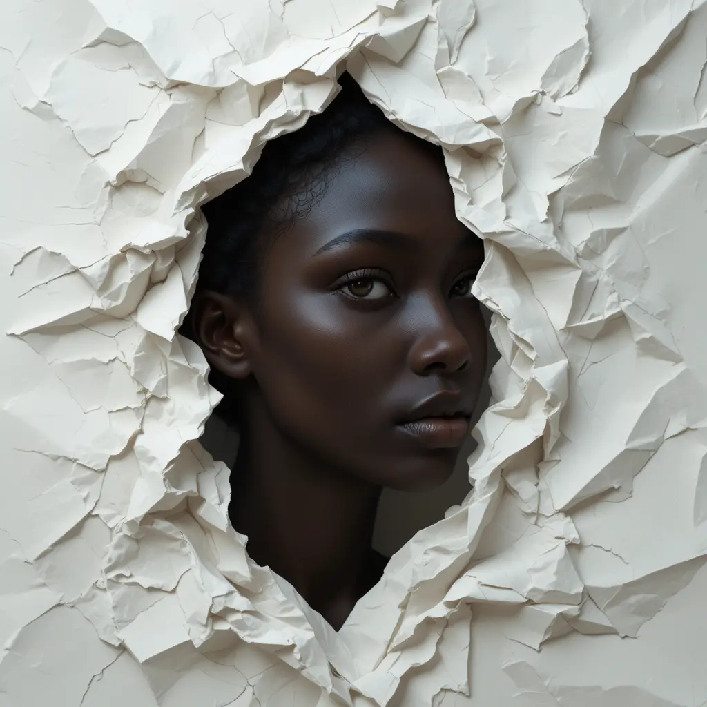 Crumpled paper portrait of a woman emerging from white sheet