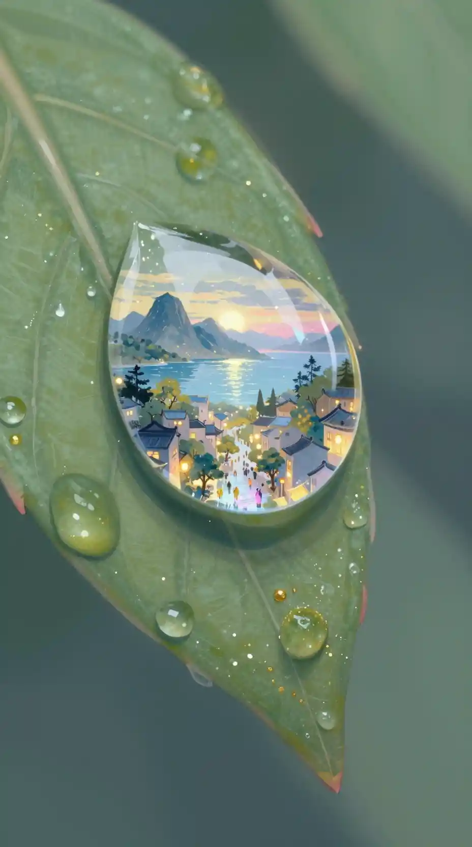 Gros plan d’une goutte de rosée cristalline révélant un minuscule monde fantastique