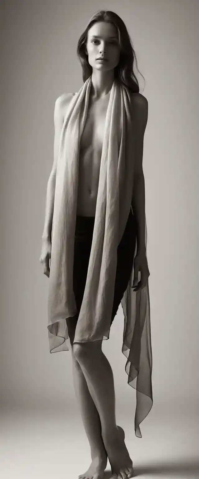 Backlit nude woman veiled in translucent silk scarf