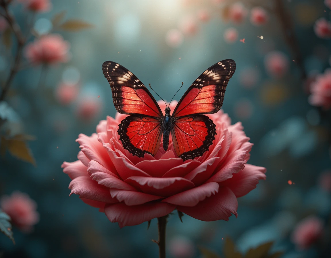 Vektorschmetterling über einer roten Rose auf Weiß