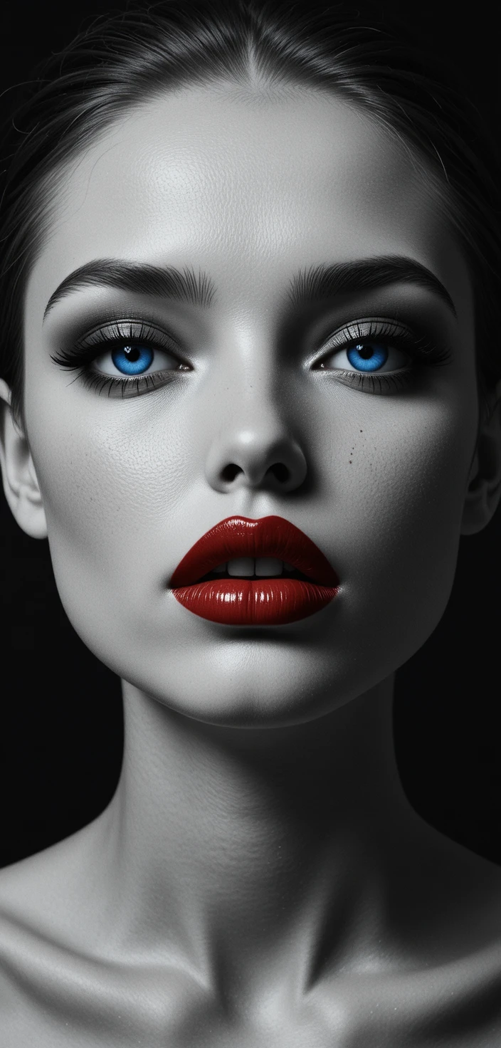 Primer plano de ojos azules brillantes y labios rojos en la oscuridad