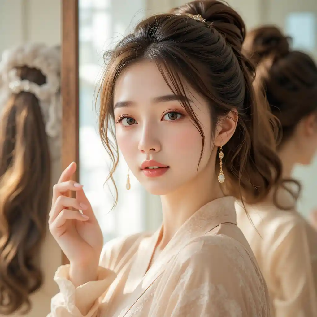 Confident korean woman touching a large mirror portrait