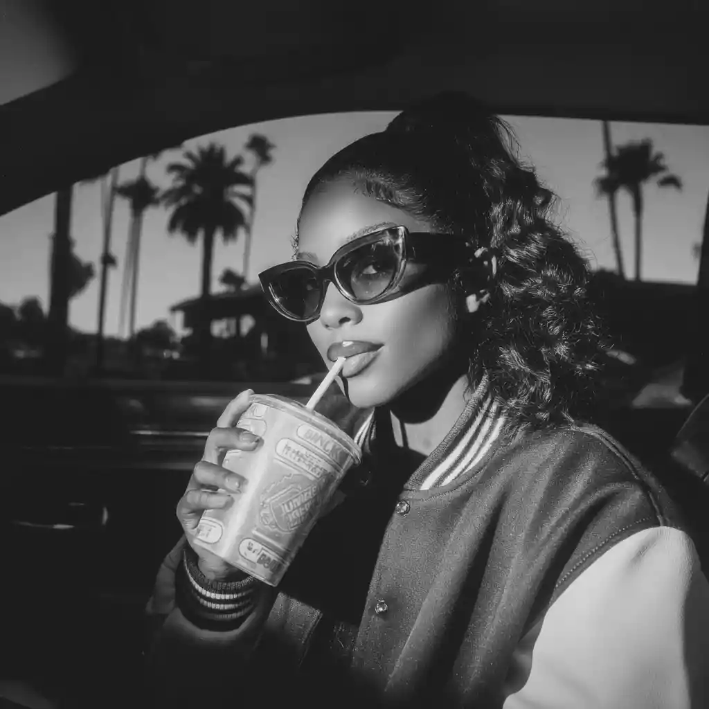 Stylish woman in car with retro soda cup