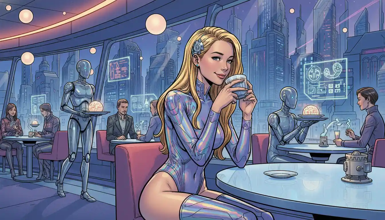 Young woman sipping coffee in futuristic neon restaurant
