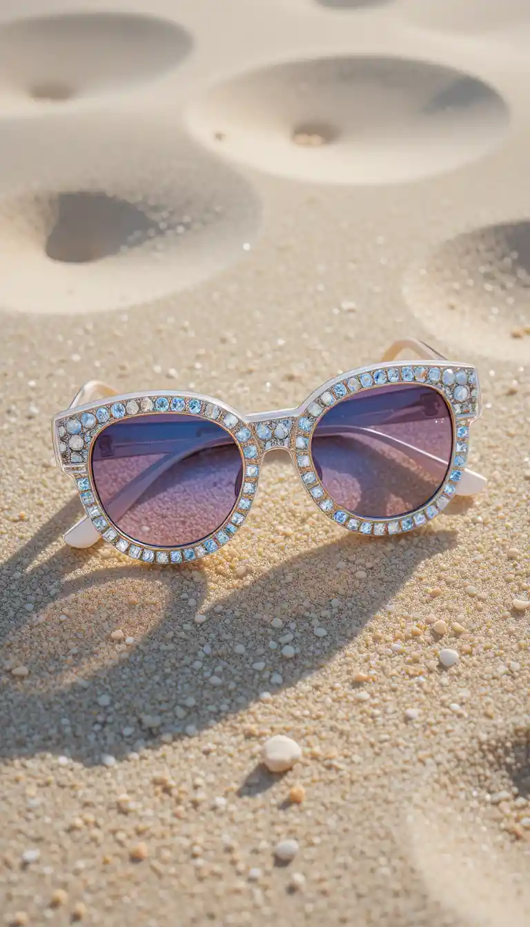 Kristall-Sonnenbrille mit Edelsteinen im sonnenbeschienenen Strandsand
