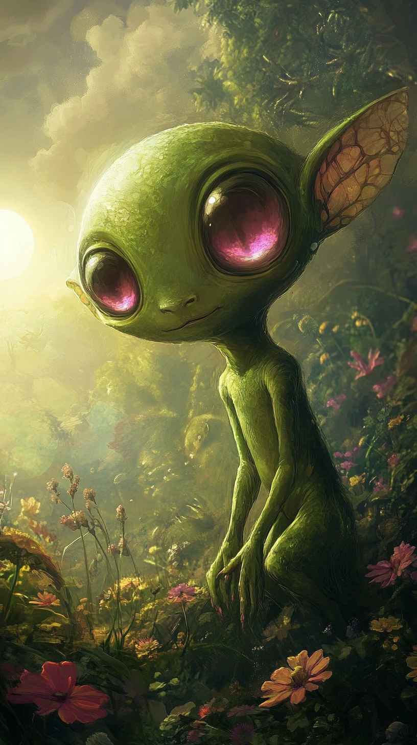 Alien captivated by a human in a lush fantasy valley