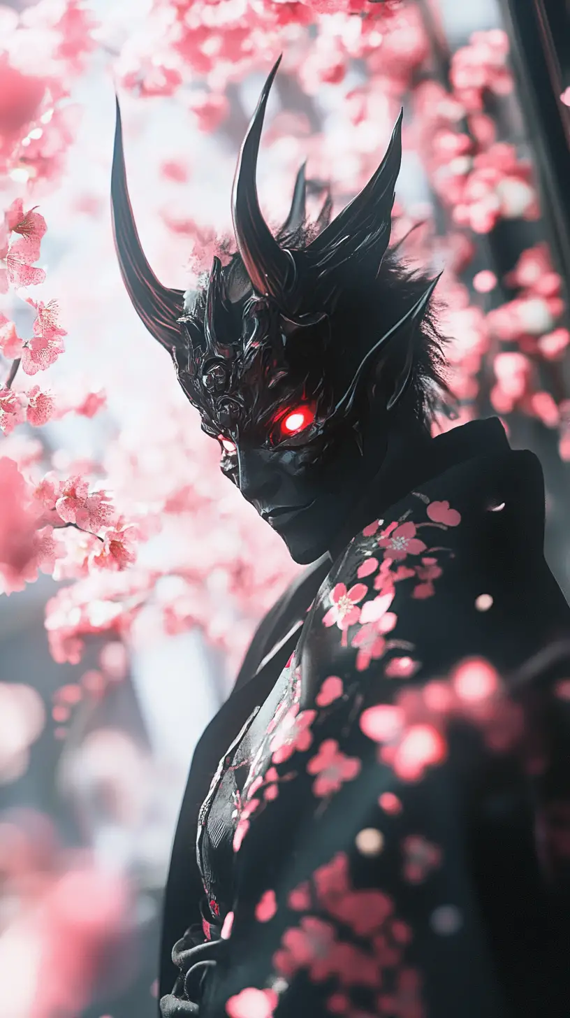 Masked oni woman among falling cherry blossom petals