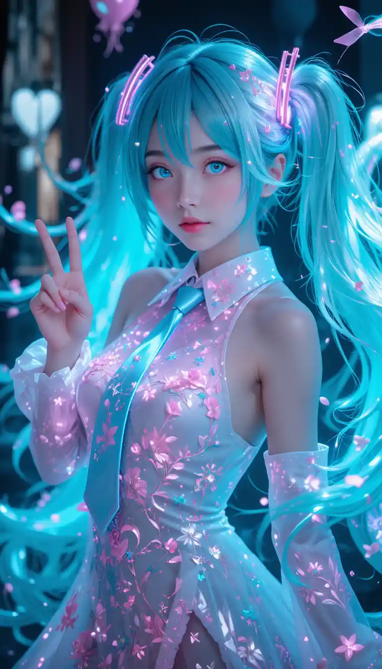 Cute anime girl with glowing pastel hair and heart eyes