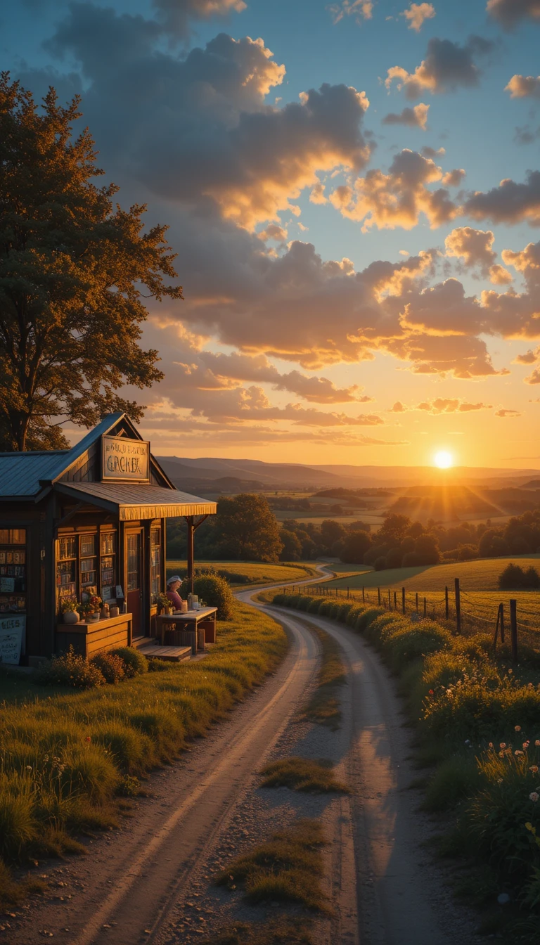 Pequeno mercado rural à beira de uma estrada de terra ao pôr do sol