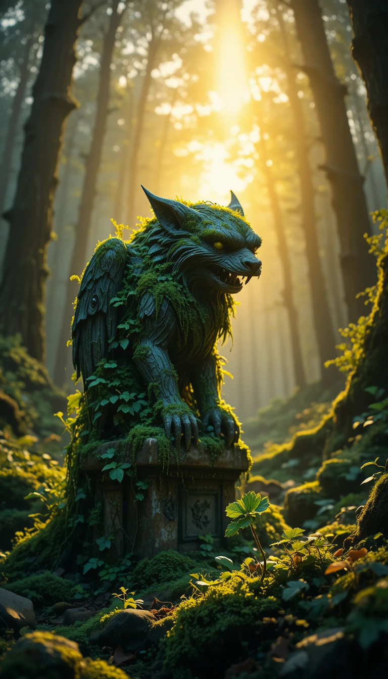 Gargoyle-Statue im Zwielicht einer Waldlichtung