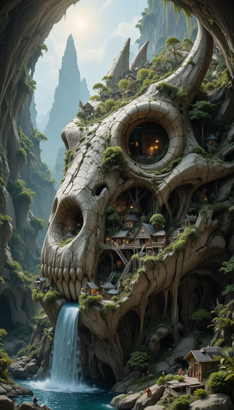 Miniature Village Inside The Skull Of A Fallen Dragon